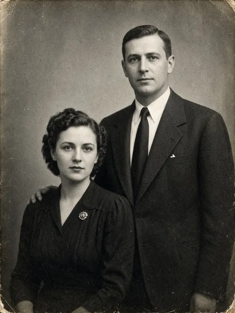 A faded black-and-white portrait of a couple, he in a suit and she in a dark dress