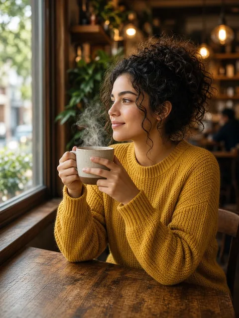 A woman in a yellow jumper holding a steaming cup by a café window