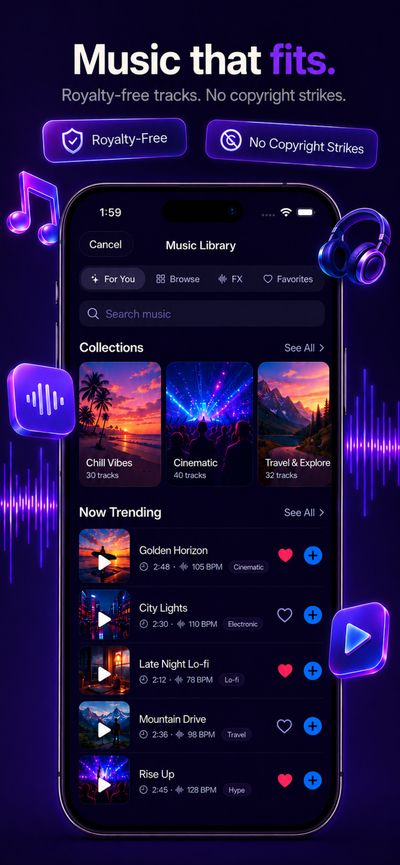 Talk’s music library, listing royalty-free tracks with their tempo in beats per minute