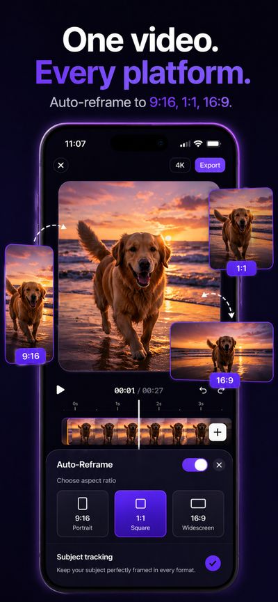 Talk’s Auto-Reframe panel, with 9:16, 1:1 and 16:9 versions of the same clip and subject tracking switched on
